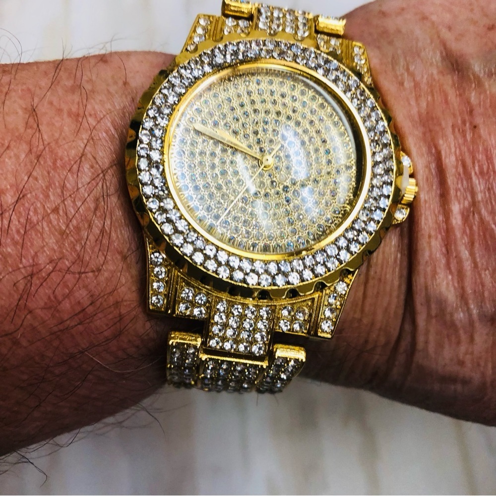 Unisex Pave Bling Simulated Hip Hop Iced Out Gold Tone Crystal Rapper Watch